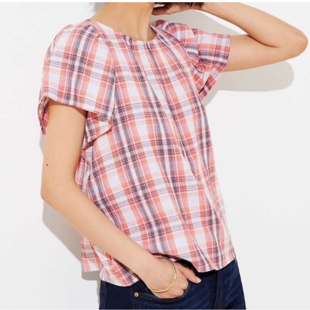 LOFT Pink Plaid Short Sleeve Blouse